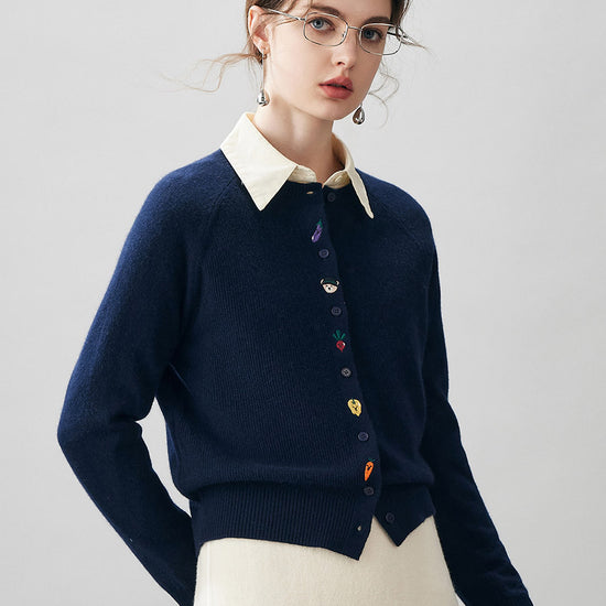 COMOBOCA 100% Cashmere Women's Embroidered Button-Front Cardigan