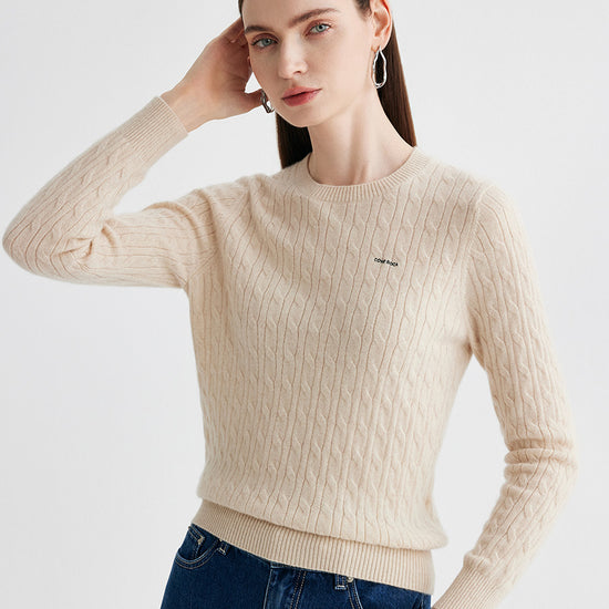 COMOBOCA 100% Cashmere Women's Cable Round Neck Knit Sweater