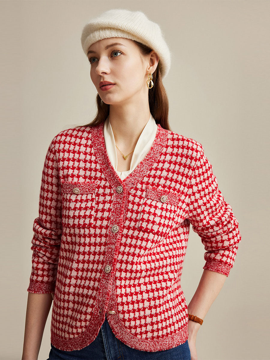 COMOBOCA 100% Wool Women's Houndstooth Cardigan