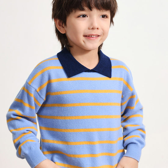 COMOBOCA BLUE 100% Wool Kids' Striped Collar Sweater