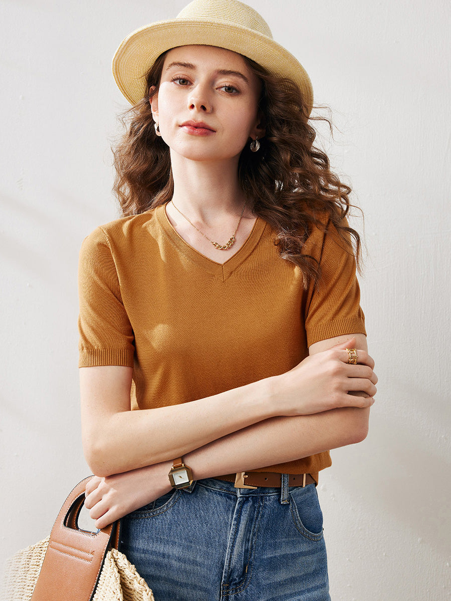 COMOBOCA Bronze Women's Lyocell V-Neck Ribbed Knit T-Shirt