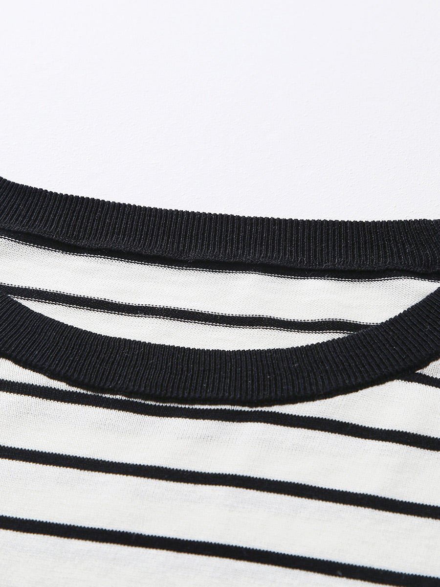 COMOBOCA Women's Cotton Silk Striped Smiley Patch T-Shirt Knit Sweater