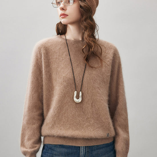 COMOBOCA Coffee Camel Women's Wool Seamless Brushed Knit Sweater