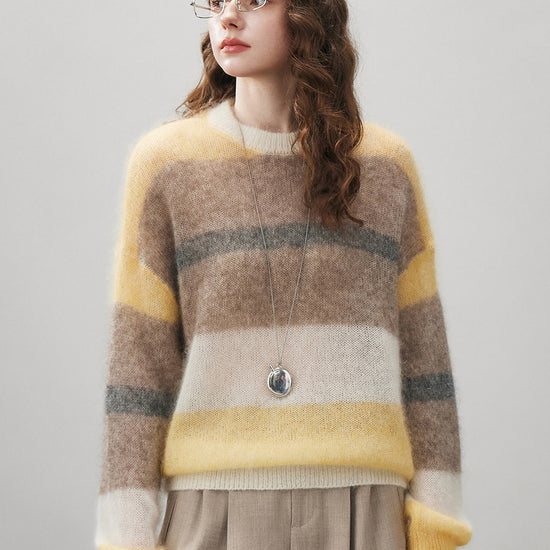COMOBOCA Women's Mohair Striped Round Neck Sweater