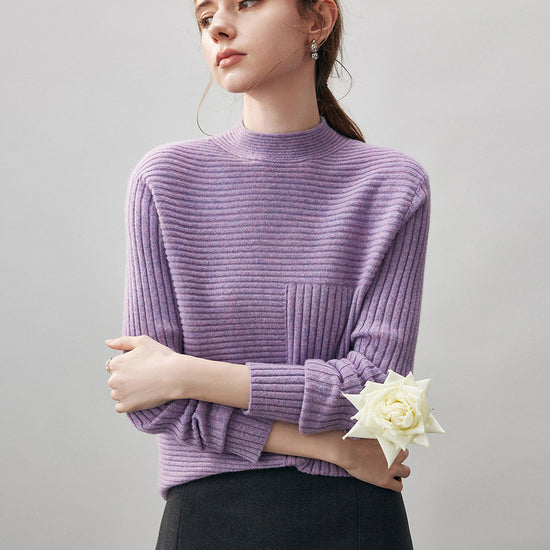 COMOBOCA 100% Cashmere Women's Asymmetric Ribbed Mock Neck Sweater