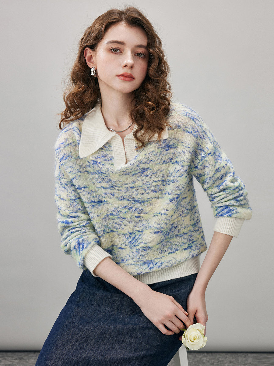 COMOBOCA Women's Wool Ribbed Knit Polo Sweater