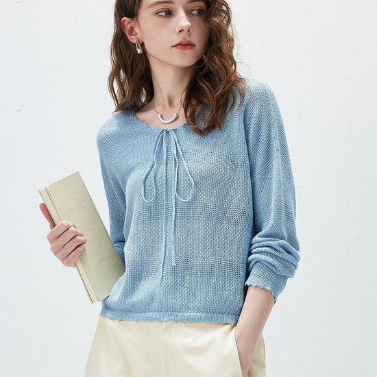 COMOBOCA Women's Tie-Neck Waffle Knit Top