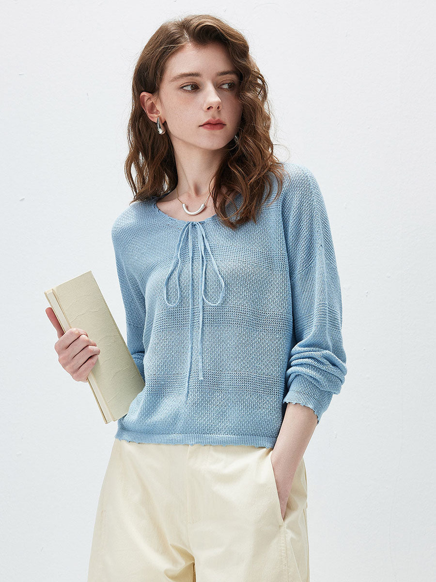 COMOBOCA Women's Tie-Neck Waffle Knit Top