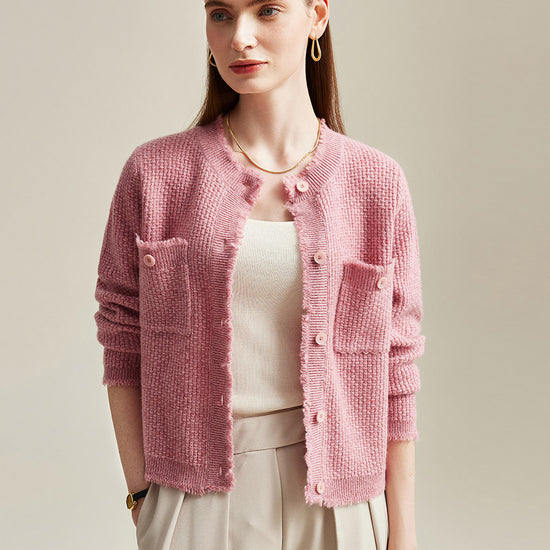COMOBOCA Pink 100% Cashmere Women's Knit Cardigan with Front Pockets