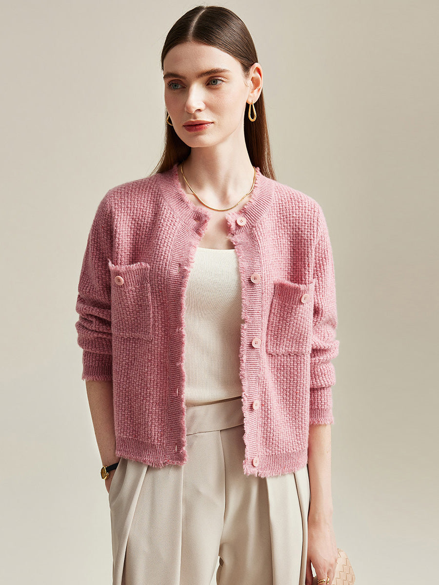 COMOBOCA Pink 100% Cashmere Women's Knit Cardigan with Front Pockets