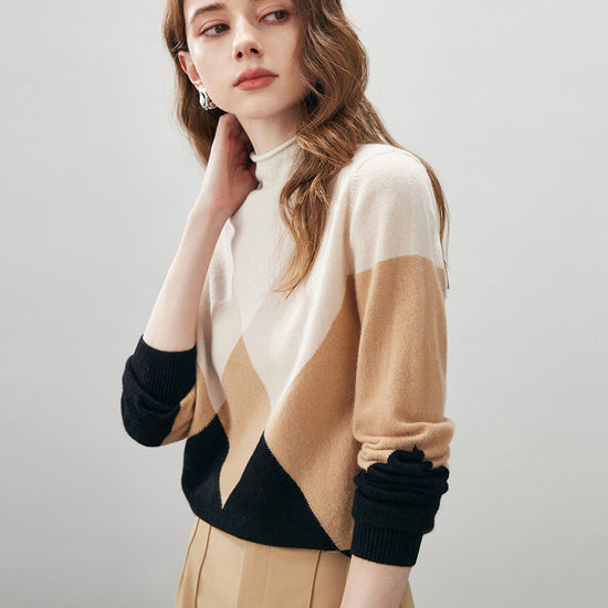 COMOBOCA 100% Cashmere Women's Turtleneck Geometric Ribbed Sweater