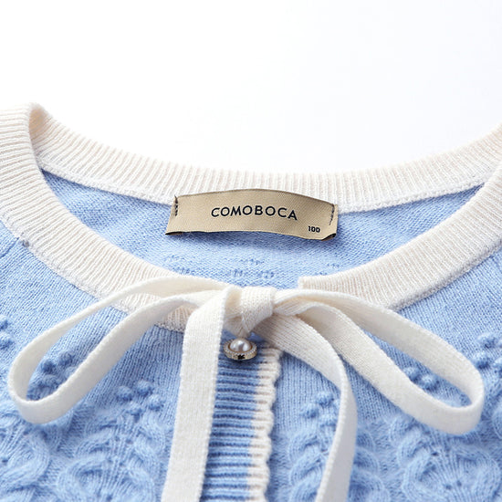 COMOBOCA 100% Cashmere Women's Faux Cardigan Sweater with Bow Tie