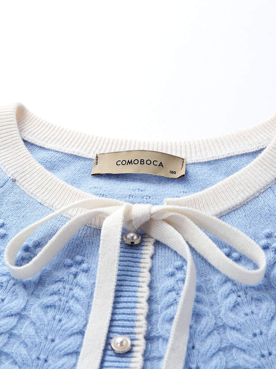 COMOBOCA 100% Cashmere Women's Faux Cardigan Sweater with Bow Tie