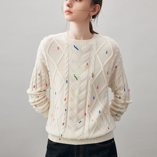 COMOBOCA 100% Cashmere Women's Cable Knit Colorful Accents Sweater