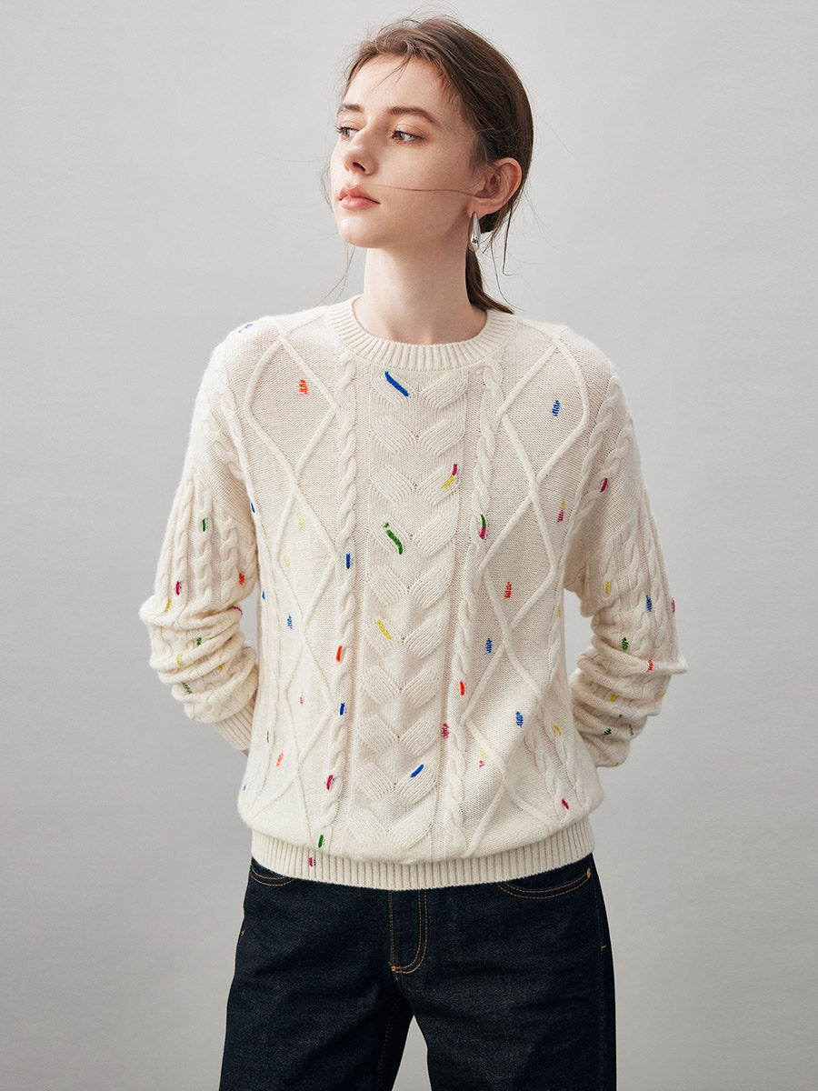 COMOBOCA 100% Cashmere Women's Cable Knit Colorful Accents Sweater
