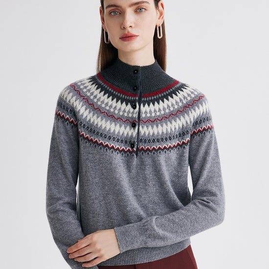 COMOBOCA 100% Cashmere Women's Fair Isle Mock Neck Button Front Sweater