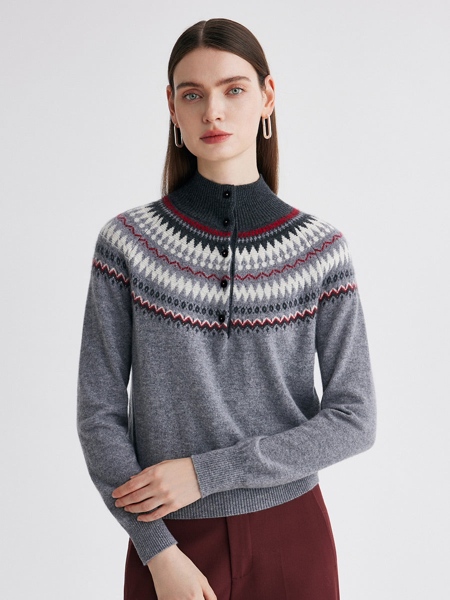 COMOBOCA 100% Cashmere Women's Fair Isle Mock Neck Button Front Sweater