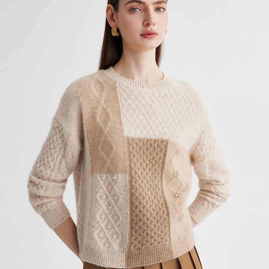 COMOBOCA Beige 100% Cashmere Women's Patchwork Cable Knit Sweater