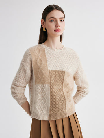 COMOBOCA Beige 100% Cashmere Women's Patchwork Cable Knit Sweater