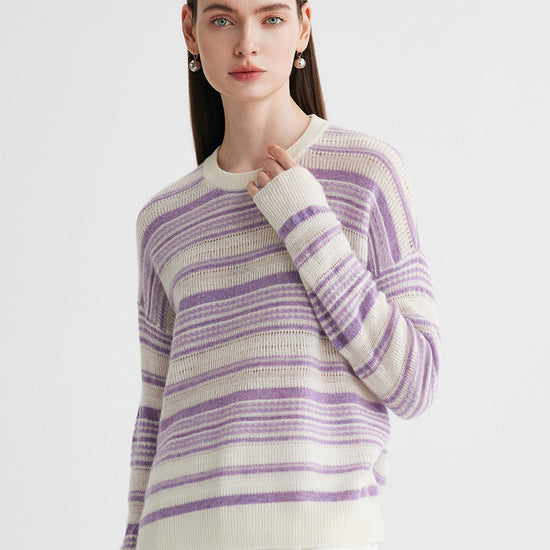 COMOBOCA 100% Cashmere Women's Striped Knit Round Neck Sweater