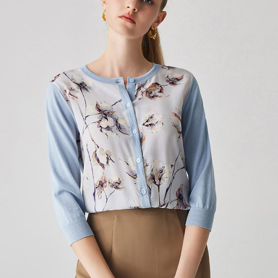 COMOBOCA Light Blue Women's Floral Patterned Button-Down Cardigan