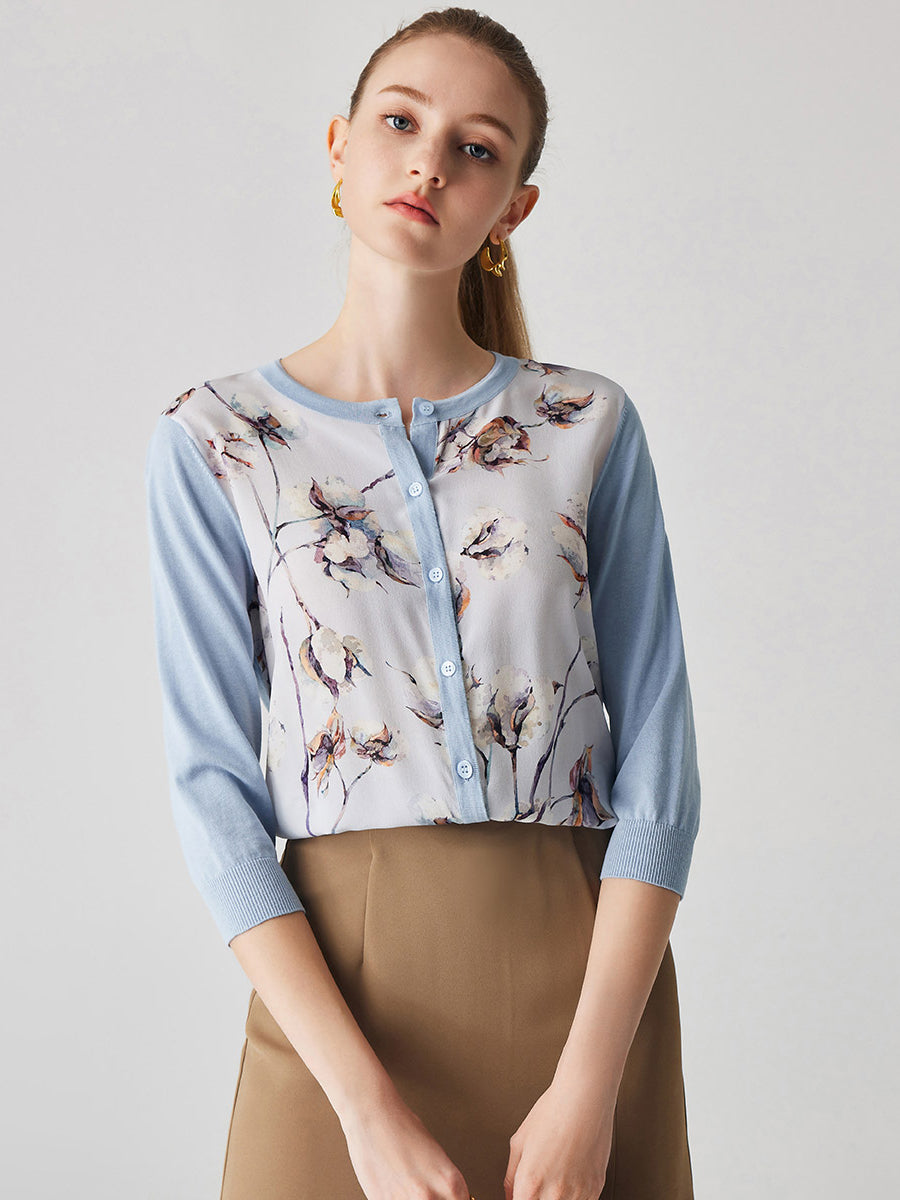 COMOBOCA Light Blue Women's Floral Patterned Button-Down Cardigan