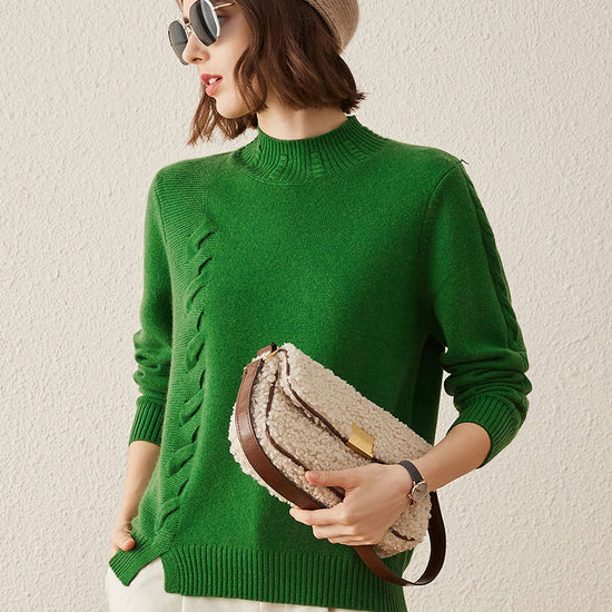 COMOBOCA XS Green 100% Cashmere Women's Ribbed Cable Knit Sweater