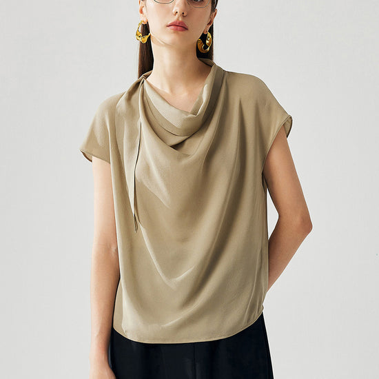 COMOBOCA khaki 100% Mulberry Silk Women's Draped Cowl Neck Blouse