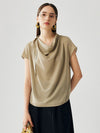 COMOBOCA khaki 100% Mulberry Silk Women's Draped Cowl Neck Blouse