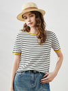 COMOBOCA Cloudy Women's Striped Ribbed Contrast Trim T-Shirt