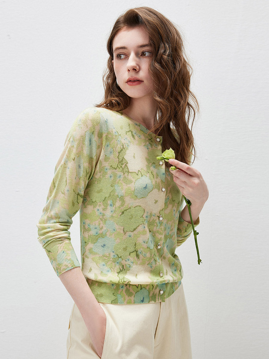 COMOBOCA Women's Watercolor Floral Print Knit Cardigan