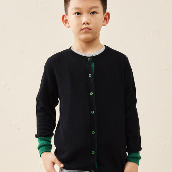 COMOBOCA 100% Wool Kids' Color Contrast Cuff Button Up Cardigan