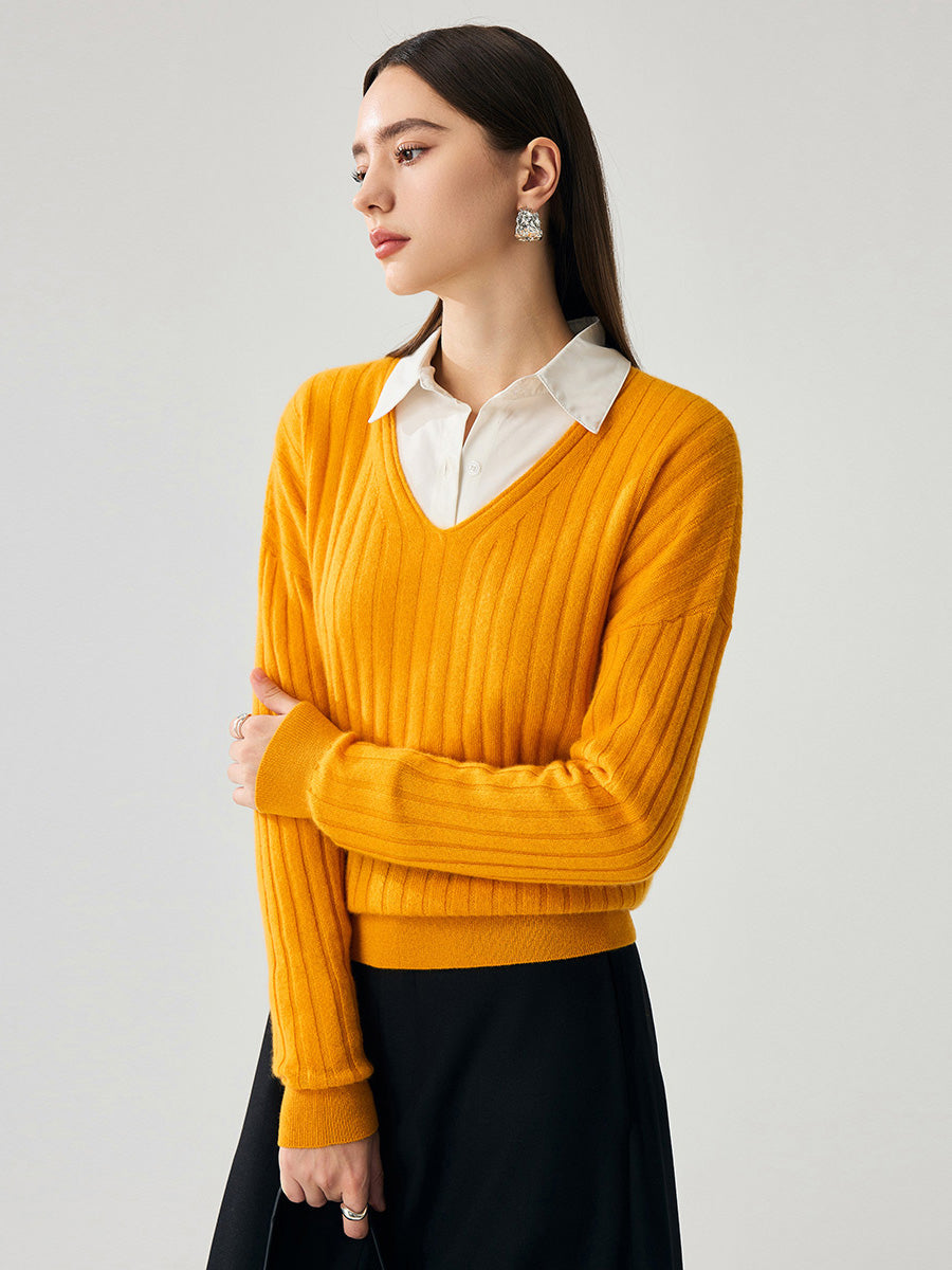 COMOBOCA 100% Cashmere Women's Cozy Ribbed V-Neck Sweater