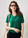 COMOBOCA Green Women's Lyocell V-Neck Ribbed Knit T-Shirt