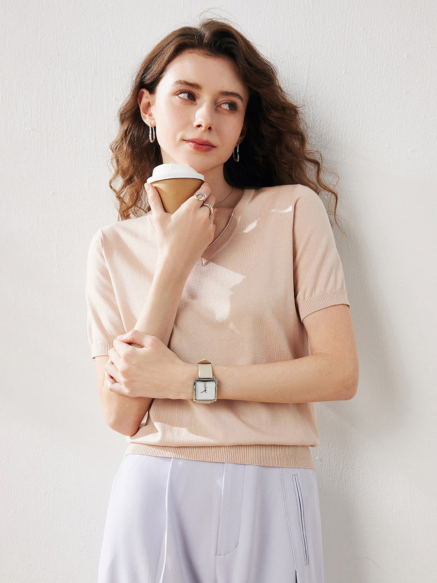 COMOBOCA Light Pink Women's V-Neck Knit T-Shirt