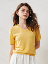 COMOBOCA Yellow Women's Lyocell V-Neck Ribbed Knit T-Shirt
