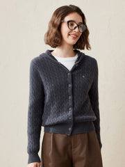 COMOBOCA Dark Gray 100% Cashmere Women's Cable Knit Hooded Cardigan