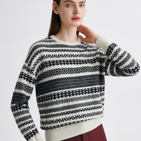 COMOBOCA Fair Isle 100% Cashmere Women's Fair Isle Round Neck Knit Sweater