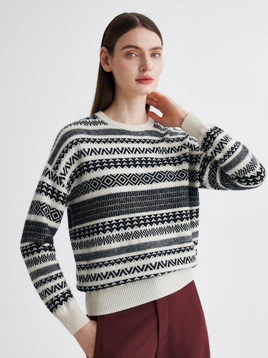 COMOBOCA Fair Isle 100% Cashmere Women's Fair Isle Round Neck Knit Sweater