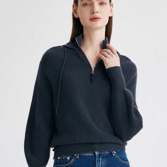 COMOBOCA 100% Cashmere Women's Ribbed Knit Hoodie