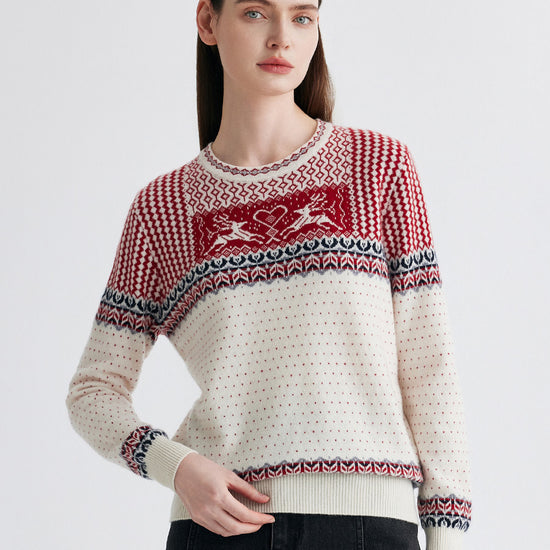COMOBOCA 100% Cashmere Women's Fair Isle Reindeer Sweater