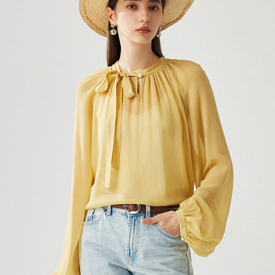 COMOBOCA Yellow 100% Mulberry Silk Women's Bow Tie Blouse