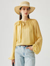 COMOBOCA Yellow 100% Mulberry Silk Women's Bow Tie Blouse