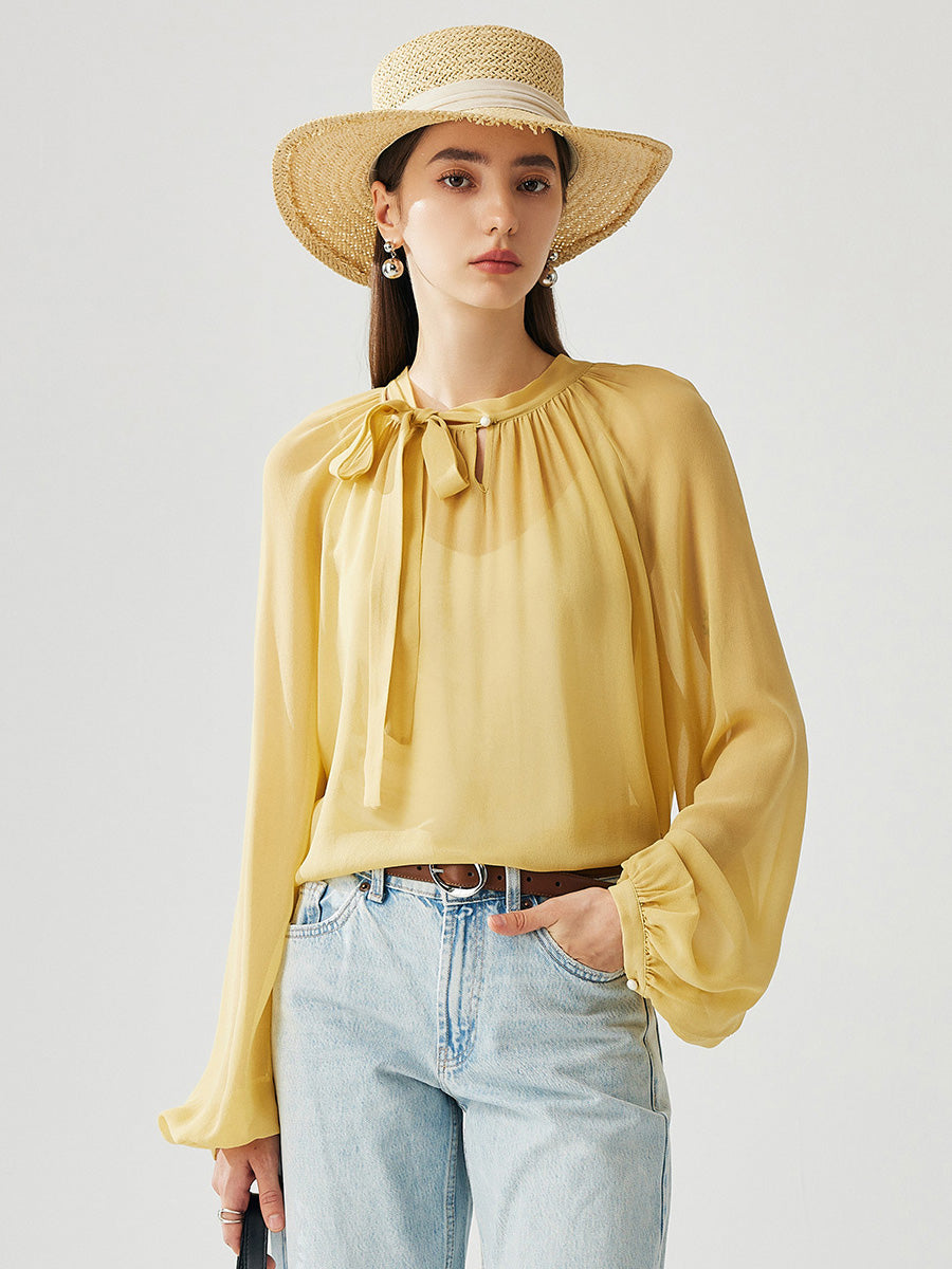 COMOBOCA Yellow 100% Mulberry Silk Women's Bow Tie Blouse