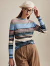 COMOBOCA Navy Blue 100% Wool Women's Multicolor Striped Knit Sweater
