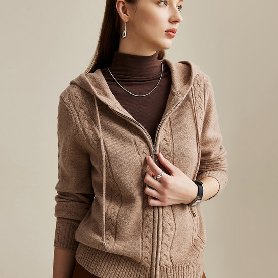 COMOBOCA Camel 100% Wool Women's Cable Knit Zip Cardigan Hoodie