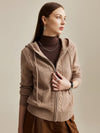 COMOBOCA Camel 100% Wool Women's Cable Knit Zip Cardigan Hoodie