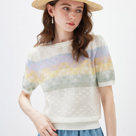 COMOBOCA Women's Rainbow Floral Semi Sheer Knit T-Shirt