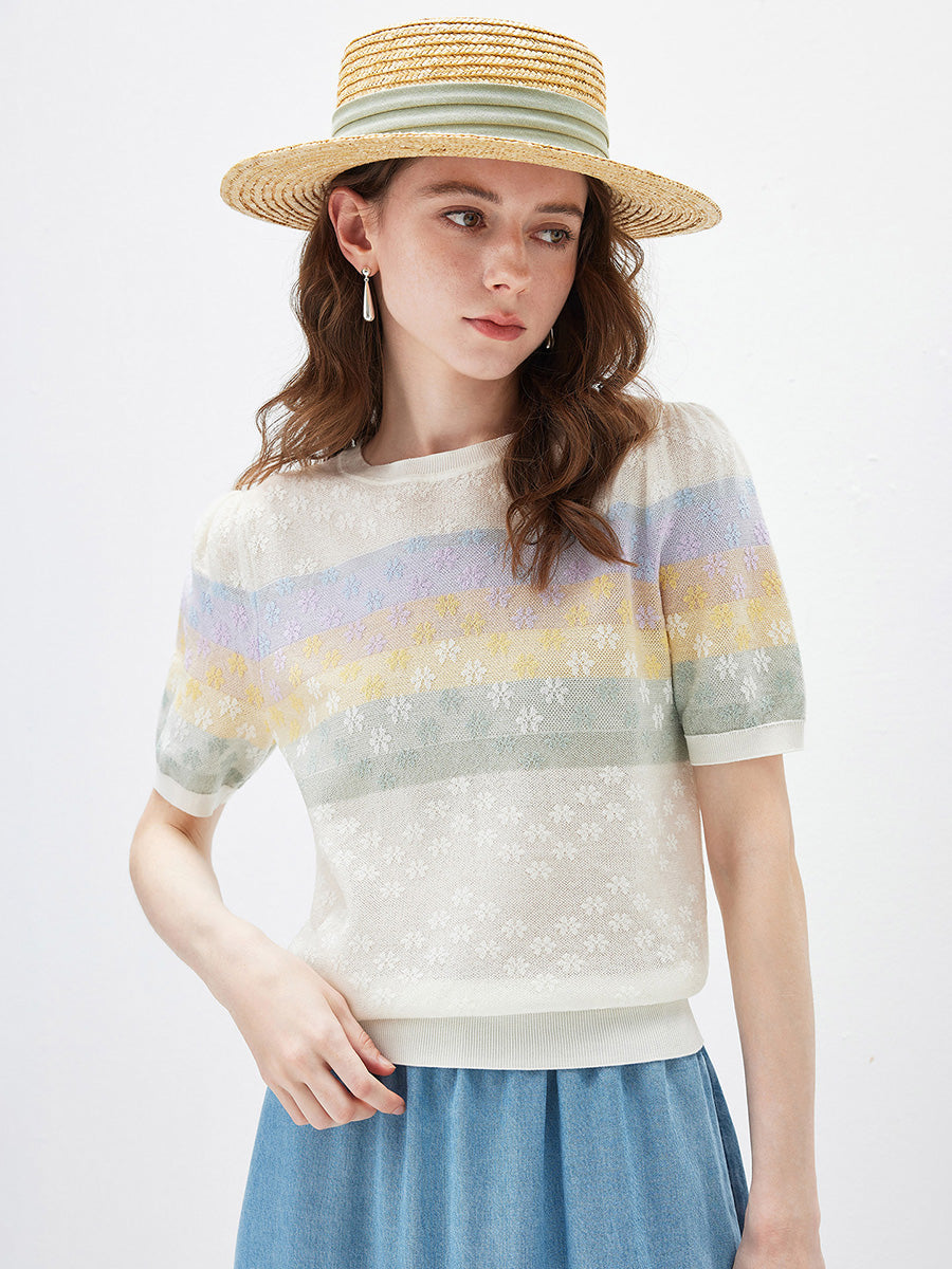COMOBOCA Women's Rainbow Floral Semi Sheer Knit T-Shirt