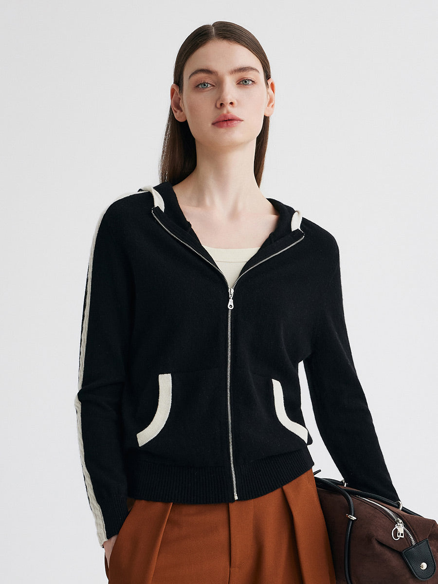COMOBOCA 100% Cashmere Women's Color Block Zip Up Hoodie